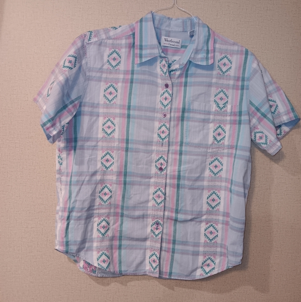 Vintage Westbound Women's Pastel Plaid Button Down Shirt Sz M